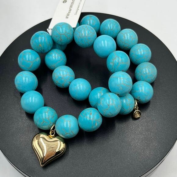 Ettika Luck & Love Turquoise Elastic Stretch Beaded Bracelet Two Set New - Picture 1 of 11